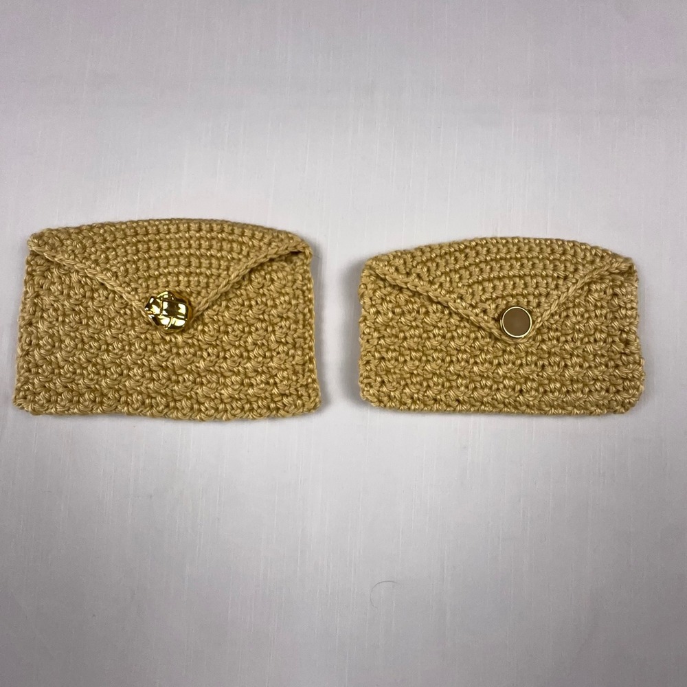 Handmade Crochet Pouch Set 2pc Tan Gold Button Envelope Clutch Organizer Bag